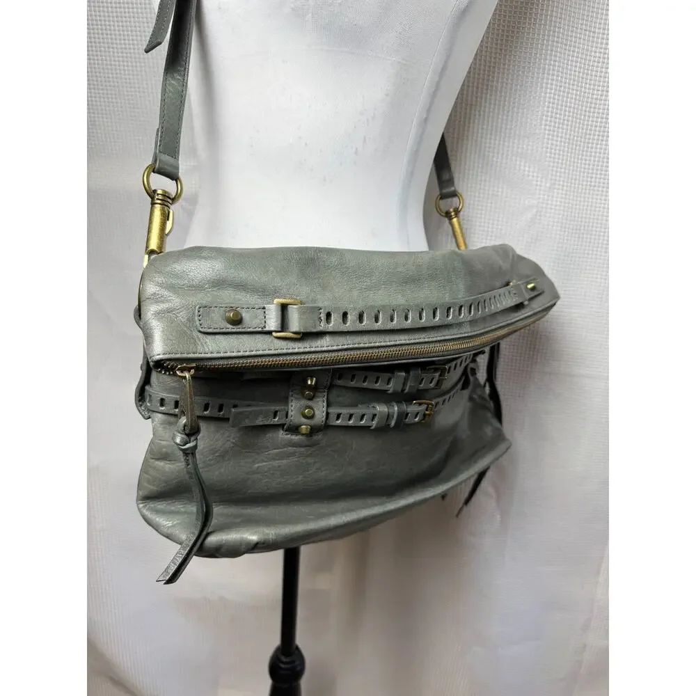 Joelle Hawkens Crossbody Bag Gray Green Victory Foldover Leather Chic Boho EUC